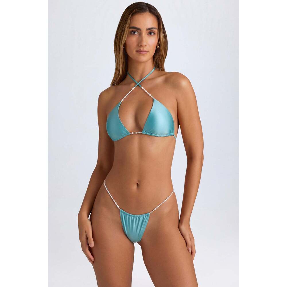 Oh Polly Pearl-Detail Ruched Thong Bikini Bottoms in Turquoise Size SS